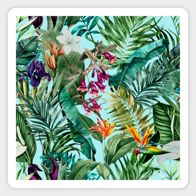 Elegant Tropical floral leaves and foliage botanical illustration, botanical pattern, tropical plants, baby blue leaves pattern over a T-Shirt Sticker by Zeinab taha